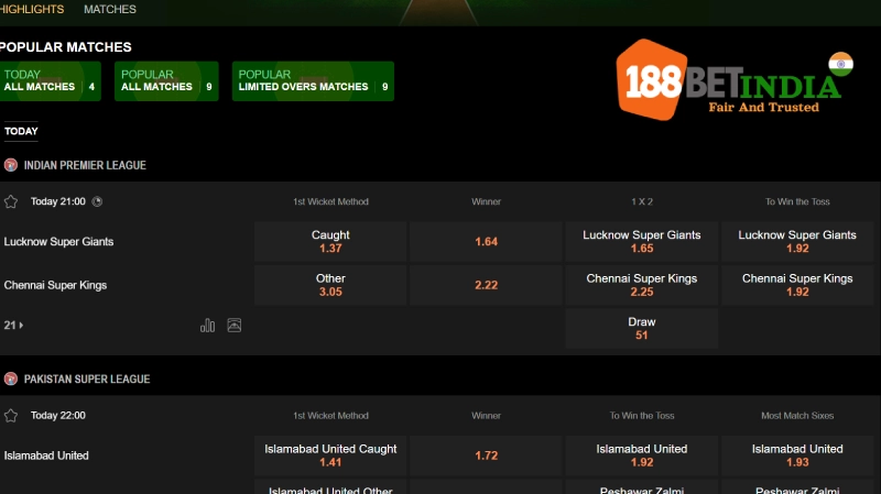 Types of Cricket Betting Markets Available - 188BET India